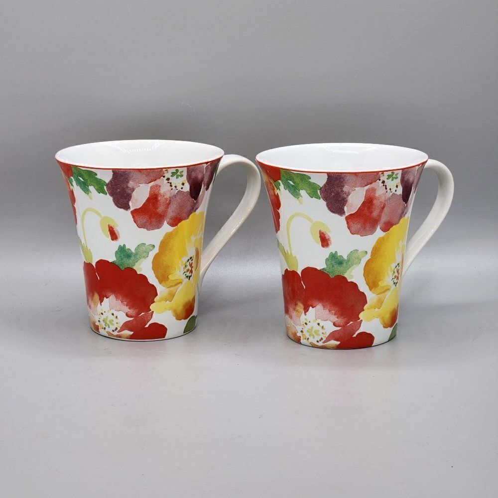 Set of 2 Jolly Poppy Mug by 222 Fifth Yellow Red Orange Flowers Floral